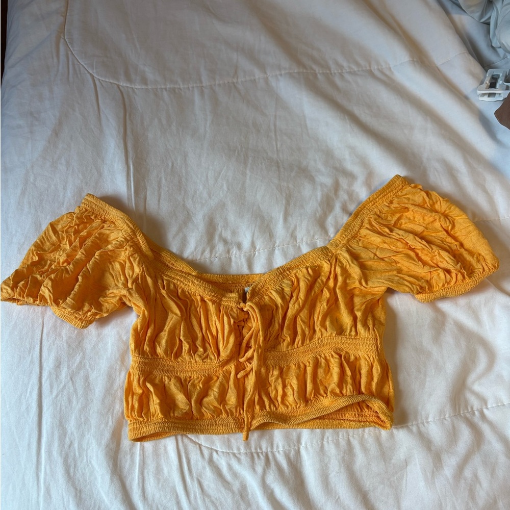 Urban Outfitters Golden Yellow/ Orange Off-Shoulder Cropped Top